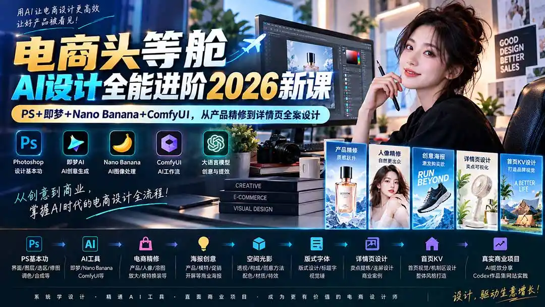 电商头等舱AI设计全能进阶2026新课：PS+即梦+Nano Banana+ComfyUI，从产品精修到详情页全案设计-亿起创业网-副业兼职月入过万-自媒体、引流推广、网赚项目、短视频、技术教程等创业项目资源