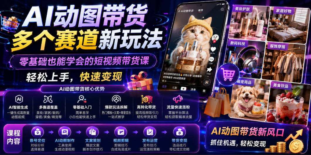AI动图带货多个赛道新玩法，零基础也能学会的短视频带货课，轻松上手，快速变现-亿起创业网-副业兼职月入过万-自媒体、引流推广、网赚项目、短视频、技术教程等创业项目资源