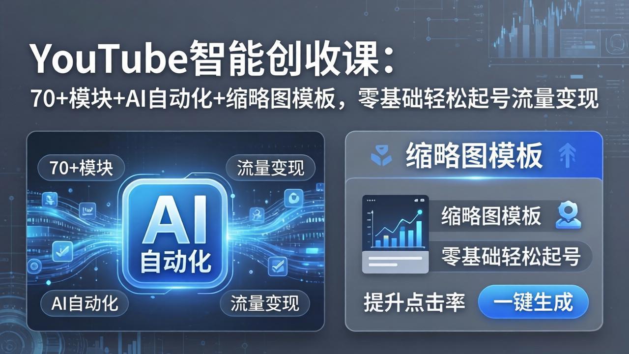 YouTube智能创收课：70+模块+AI自动化+缩略图模板，零基础轻松起号流量变现-亿起创业网-副业兼职月入过万-自媒体、引流推广、网赚项目、短视频、技术教程等创业项目资源