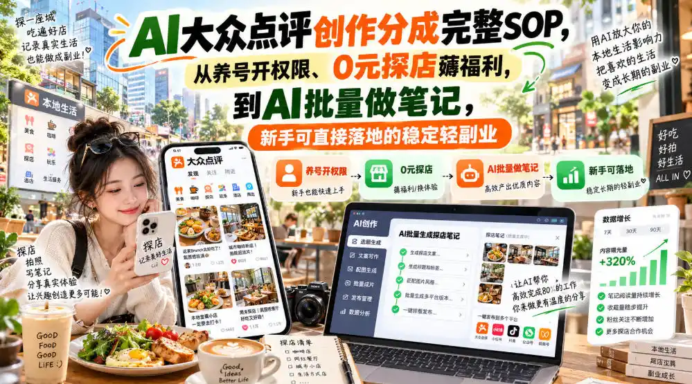 【无水印】AI大众点评创作分成完整SOP，从养号开权限、0元探店薅福利，到AI批量做笔记，新手可直接落地的稳定轻副业-亿起创业网-副业兼职月入过万-自媒体、引流推广、网赚项目、短视频、技术教程等创业项目资源