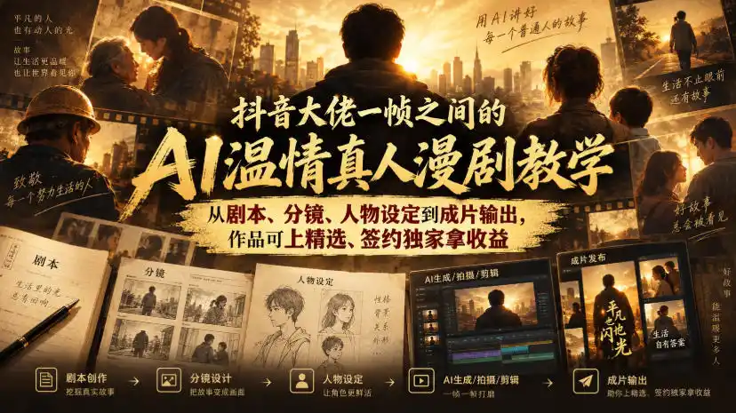 抖音大佬一帧之间的AI温情真人漫剧教学,从剧本、分镜、人物设定到成片输出,作品可上精选、签约独家拿收益 抖音大佬一帧之间的AI温情真人漫剧教学,从剧本、分镜、人物设定到成片输出,作品可上精选、签约独家拿收益