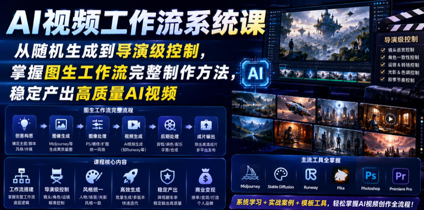 AI视频工作流系统课，从随机生成到导演级控制，掌握图生工作流完整制作方法，稳定产出高质量AI视频-亿起创业网-副业兼职月入过万-自媒体、引流推广、网赚项目、短视频、技术教程等创业项目资源
