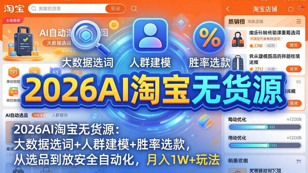 2026AI淘宝无货源-4月更新：大数据选词+人群建模+胜率选款，从选品到放大全自动化，月入1W+玩法-亿起创业网-副业兼职月入过万-自媒体、引流推广、网赚项目、短视频、技术教程等创业项目资源