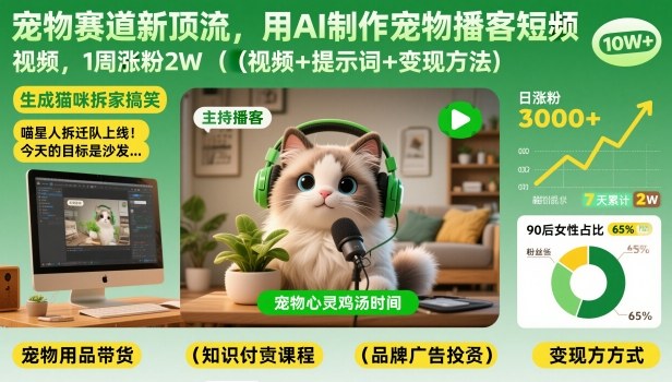 宠物赛道新顶流，用AI制作宠物播客短视频，1周涨粉2W(视频+提示词+变现方法)-亿佰盟网