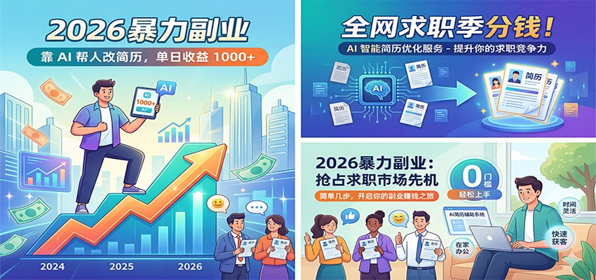 2026暴力副业：靠AI帮人改简历，单日收益1000+，全网求职季分钱-亿佰盟网