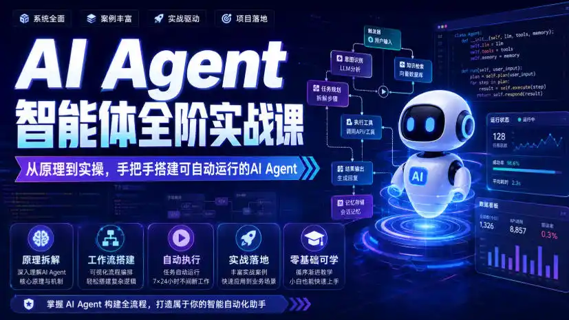 AI Agent智能体全阶实战课，从原理到实操，手把手搭建可自动运行的AI Agent-亿起创业网-副业兼职月入过万-自媒体、引流推广、网赚项目、短视频、技术教程等创业项目资源