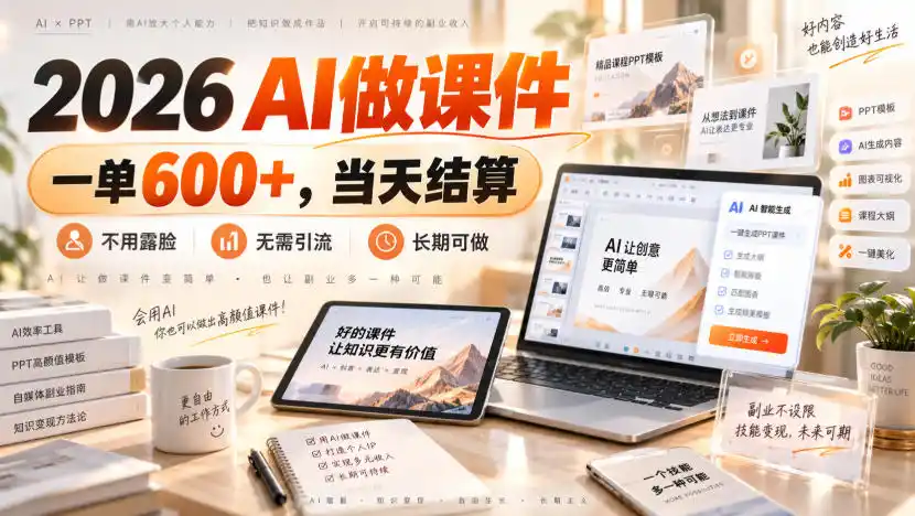 2026 AI做课件，一单600+，当天结算，不用露脸，无需引流，长期可做【揭秘】-亿起创业网-副业兼职月入过万-自媒体、引流推广、网赚项目、短视频、技术教程等创业项目资源