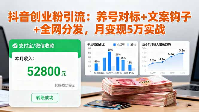 抖音创业粉引流：养号对标+文案钩子+全网分发，月变现5万实战-亿佰盟网