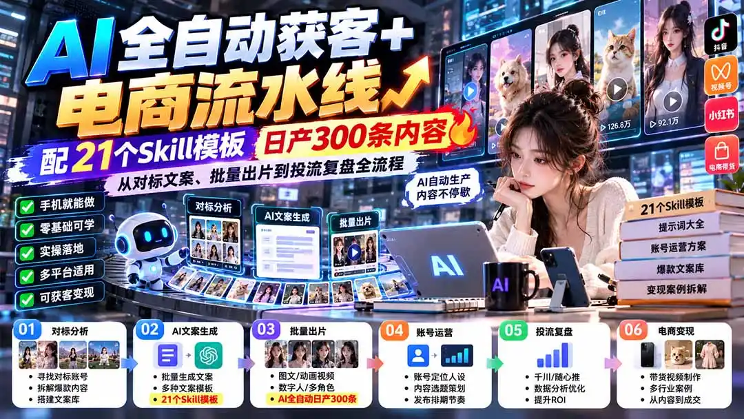 【无水印】AI全自动获客+电商流水线：配21个Skill模板，日产300条内容，从对标文案、批量出片到投流复盘全流程-亿起创业网-副业兼职月入过万-自媒体、引流推广、网赚项目、短视频、技术教程等创业项目资源