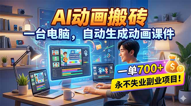 AI动画搬砖，一台电脑，自动生成动画课件，一单800+ 永不失业副业项目！-亿起创业网-副业兼职月入过万-自媒体、引流推广、网赚项目、短视频、技术教程等创业项目资源
