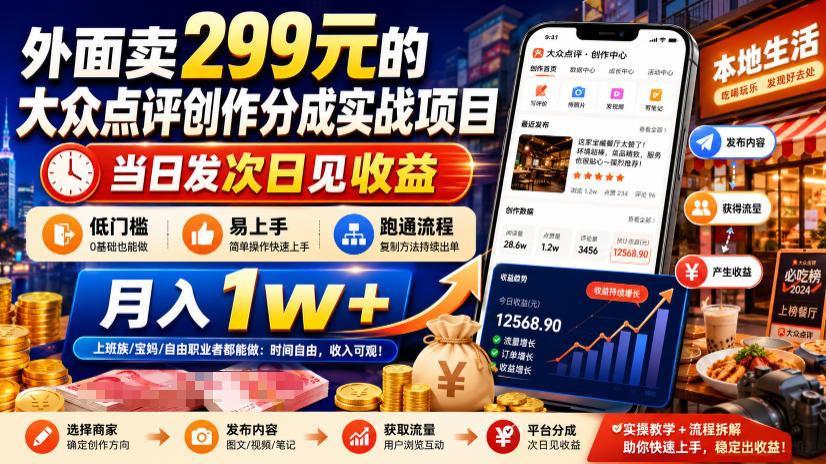 外面卖299元的大众点评创作分成实战项目，当日发次日见收益，低门槛易上手，跑通流程月入1w+-亿起创业网-副业兼职月入过万-自媒体、引流推广、网赚项目、短视频、技术教程等创业项目资源