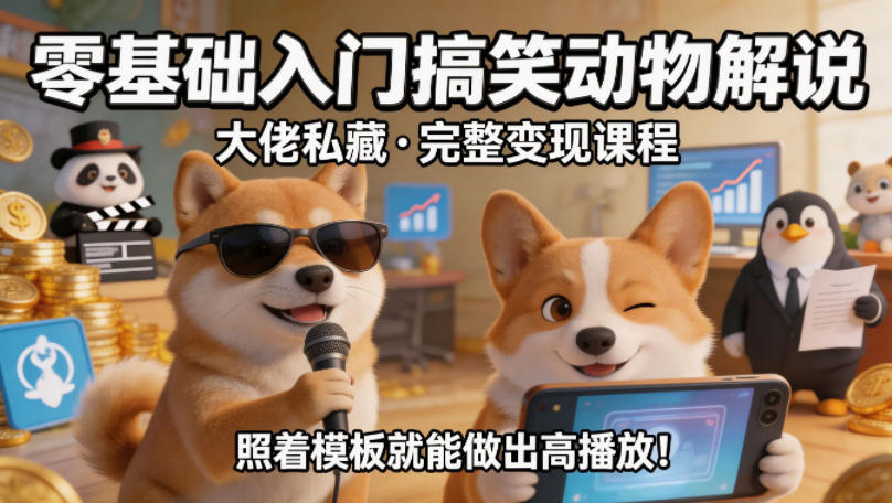 零基础入门搞笑动物解说，大佬私藏完整变现课程，照着模板就能做出高播放-亿起创业网-副业兼职月入过万-自媒体、引流推广、网赚项目、短视频、技术教程等创业项目资源