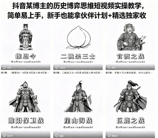抖音某博主的历史博弈思维短视频实操教学，简单易上手，新手也能拿伙伴计划+精选独家收益-亿起创业网-副业兼职月入过万-自媒体、引流推广、网赚项目、短视频、技术教程等创业项目资源