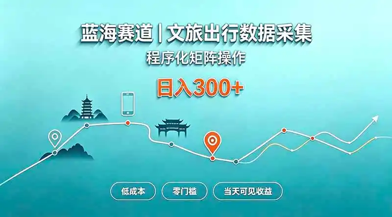 蓝海赛道 文旅出行数据采集 程序化矩阵操作 低成本 零门槛 当天可见收益 日入300+-亿起创业网-副业兼职月入过万-自媒体、引流推广、网赚项目、短视频、技术教程等创业项目资源