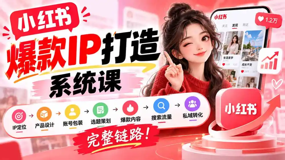 【无水印】小红书爆款IP打造课：IP定位→产品设计→账号包装→选题策划→爆款内容→搜索流量→私域转化，完整链路-亿起创业网-副业兼职月入过万-自媒体、引流推广、网赚项目、短视频、技术教程等创业项目资源