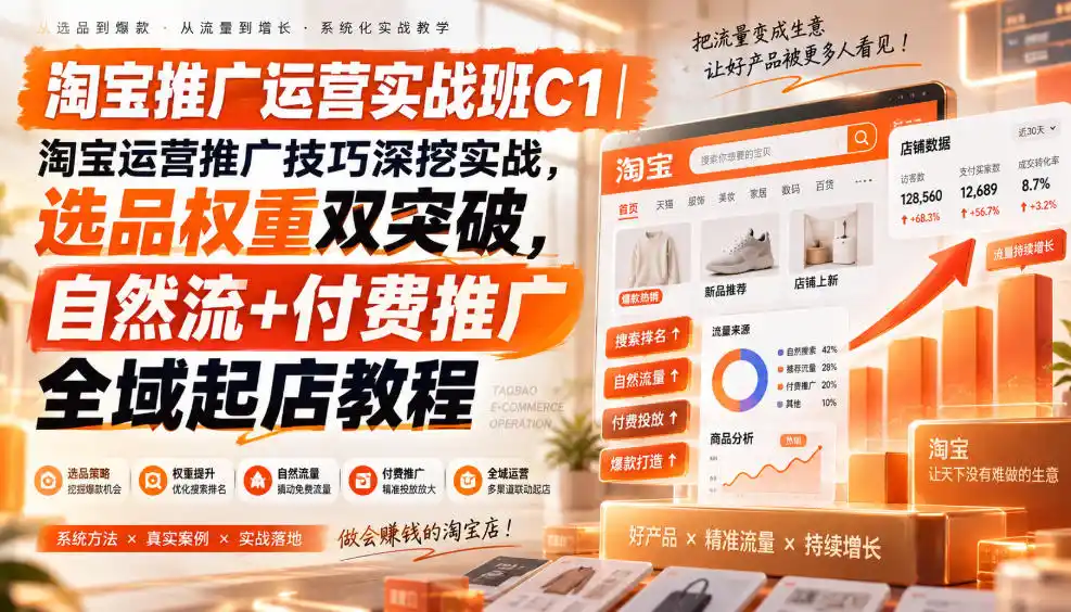 淘宝推广运营实战班C1｜淘宝运营推广技巧深挖实战，选品权重双突破，自然流+付费推广全域起店教程-亿起创业网-副业兼职月入过万-自媒体、引流推广、网赚项目、短视频、技术教程等创业项目资源