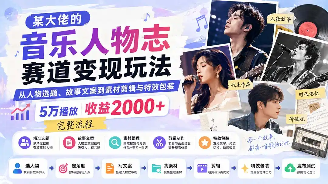 某大佬的音乐人物志赛道变现玩法：从人物选题、故事文案到素材剪辑与特效包装，5万播放收益2000+完整流程