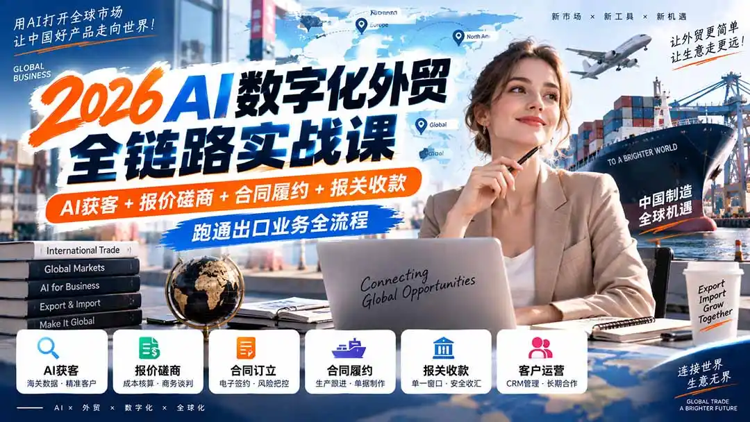 2026AI数字化外贸全链路实战课：AI获客+报价磋商+合同履约+报关收款，跑通出口业务全流程-亿起创业网-副业兼职月入过万-自媒体、引流推广、网赚项目、短视频、技术教程等创业项目资源
