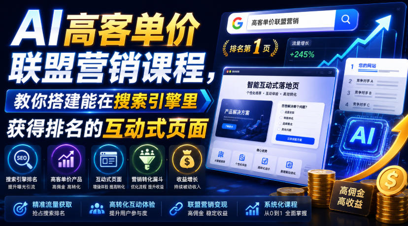 AI高客单价联盟营销课程，教你搭建能在搜索引擎里获得排名的互动式页面，引来流量，把访客转化为高佣金的成交【原创双语字幕】-亿起创业网-副业兼职月入过万-自媒体、引流推广、网赚项目、短视频、技术教程等创业项目资源