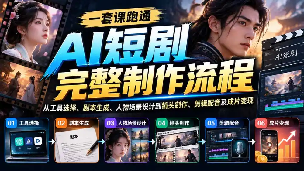 一套课跑通AI短剧完整制作流程：从工具选择、剧本生成、人物场景设计到镜头制作、剪辑配音及成片变现-亿起创业网-副业兼职月入过万-自媒体、引流推广、网赚项目、短视频、技术教程等创业项目资源