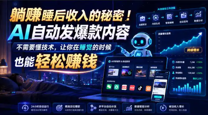 躺賺睡后收入的秘密！AI自动发爆款内容，不需要懂技术，让你在睡觉的时候也能轻松賺钱【原创双语字幕】-亿起创业网-副业兼职月入过万-自媒体、引流推广、网赚项目、短视频、技术教程等创业项目资源