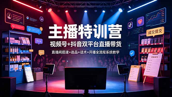 主播特训营：视频号+抖音双平台直播带货，直播间搭建+选品+话术+开播全流程系统教学-亿起创业网-副业兼职月入过万-自媒体、引流推广、网赚项目、短视频、技术教程等创业项目资源