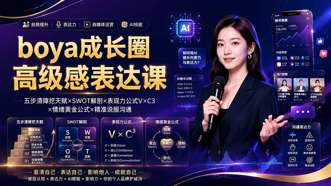 boya成长圈｜内心成长高级表达AI自媒体三合一，消解内耗挖掘天赋，镜头沟通AI指令短视频全流程教学-亿起创业网-副业兼职月入过万-自媒体、引流推广、网赚项目、短视频、技术教程等创业项目资源