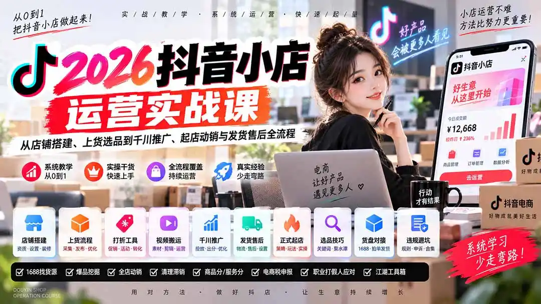 2026抖音小店运营实战课｜从店铺搭建、上货选品到千川推广、起店动销与发货售后全流程-亿起创业网-副业兼职月入过万-自媒体、引流推广、网赚项目、短视频、技术教程等创业项目资源