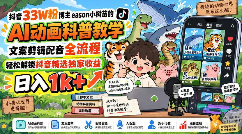 抖音33W粉博主eason小树苗的AI动画科普教学，文案剪辑配音全流程，轻松解锁抖音精选独家收益，日入1k+-亿起创业网-副业兼职月入过万-自媒体、引流推广、网赚项目、短视频、技术教程等创业项目资源