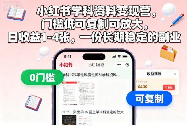 小红书学科资料变现营，门槛低可复制可放大，日收益1-4张，一份长期稳定的副业-亿佰盟网