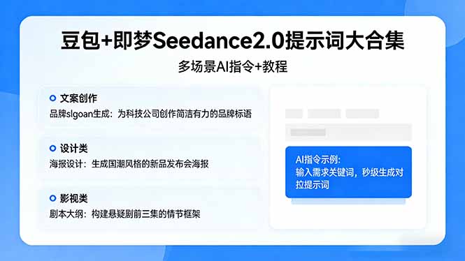 豆包+即梦Seedance2.0提示词大合集：多场景AI指令+教程，解锁文案、设计、影视高效创作-亿起创业网-副业兼职月入过万-自媒体、引流推广、网赚项目、短视频、技术教程等创业项目资源