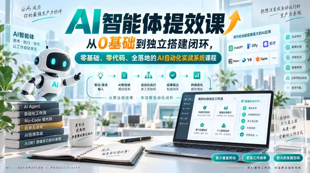 AI智能体提效课，从0基础到独立搭建闭环，零基础、零代码、全落地的AI自动化实战系统课程-亿起创业网-副业兼职月入过万-自媒体、引流推广、网赚项目、短视频、技术教程等创业项目资源