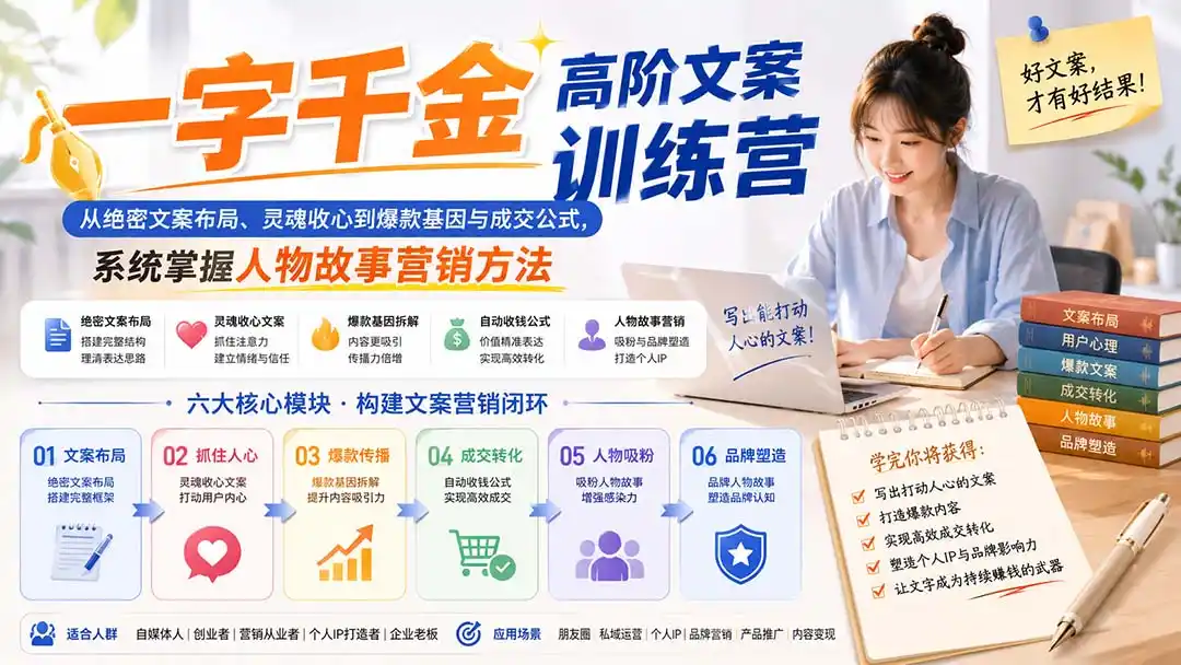 一字千金高阶文案训练营:从绝密文案布局、灵魂收心到爆款基因与成交公式,系统掌握人物故事营销方法 一字千金高阶文案训练营:从绝密文案布局、灵魂收心到爆款基因与成交公式,系统掌握人物故事营销方法