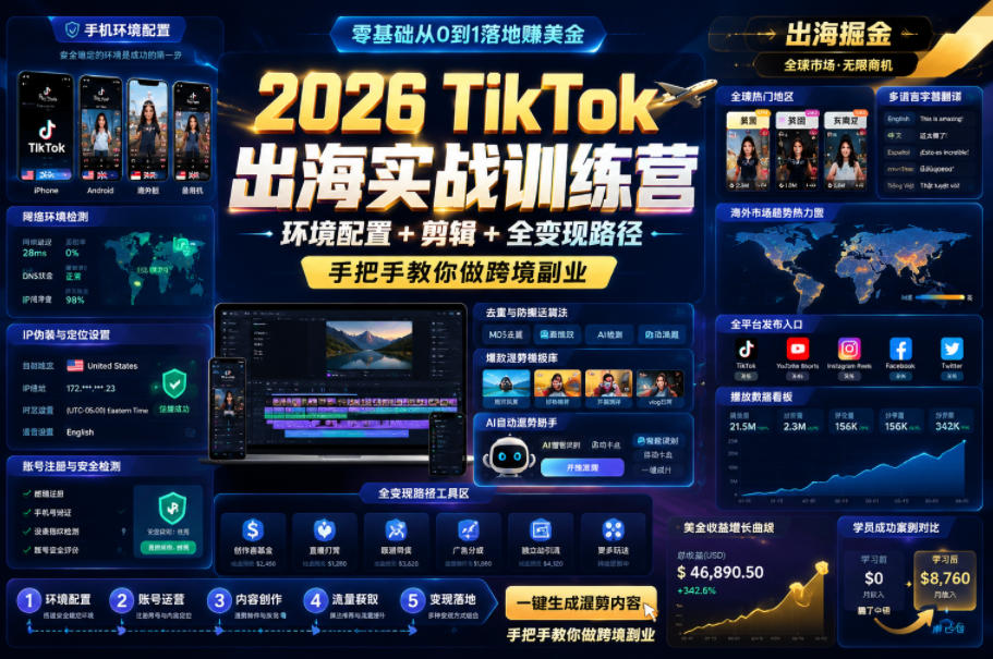 2026 TikTok出海实战训练营，环境配置 + 剪辑 + 全变现路径，手把手教你做跨境副业-亿起创业网-副业兼职月入过万-自媒体、引流推广、网赚项目、短视频、技术教程等创业项目资源