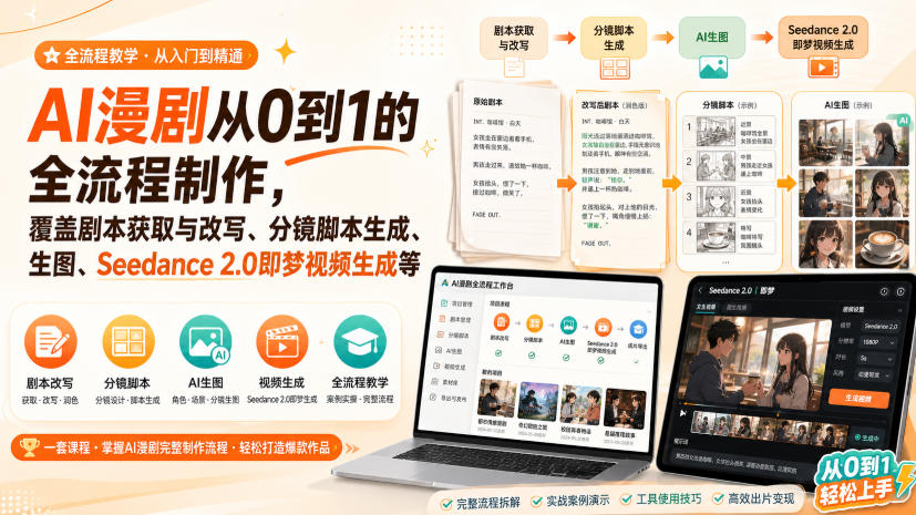 AI漫剧从0到1的全流程制作,覆盖剧本获取与改写、分镜脚本生成、角色场景生图与三视图、Seedance 2.0即梦视频生成(PDF版)-亿起创业网-副业兼职月入过万-自媒体、引流推广、网赚项目、短视频、技术教程等创业项目资源