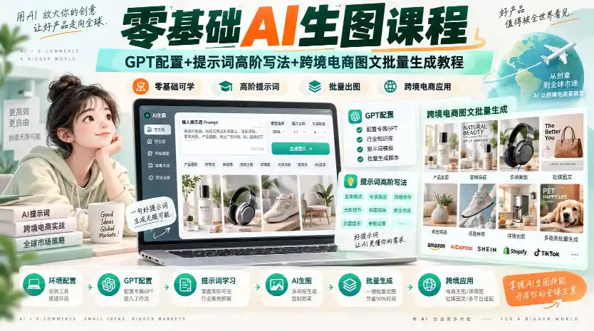 零基础AI生图课程，GPT配置+提示词高阶写法+跨境电商图文批量生成教程-亿起创业网-副业兼职月入过万-自媒体、引流推广、网赚项目、短视频、技术教程等创业项目资源