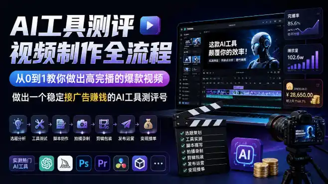 AI工具测评视频制作全流程，从0到1教你做出高完播的爆款视频，做出一个稳定接广告賺钱的AI工具测评号-亿起创业网-副业兼职月入过万-自媒体、引流推广、网赚项目、短视频、技术教程等创业项目资源
