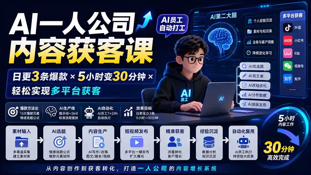 AI一人公司内容获客课-更新8月：日更3条爆款×5小时变30分钟×AI员工自动打工，轻松实现多平台获客