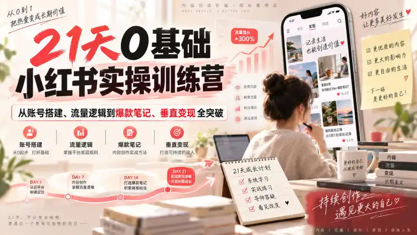 21天0基础小红书实操训练营｜从账号搭建、流量逻辑到爆款笔记、垂直变现全突破-亿起创业网-副业兼职月入过万-自媒体、引流推广、网赚项目、短视频、技术教程等创业项目资源