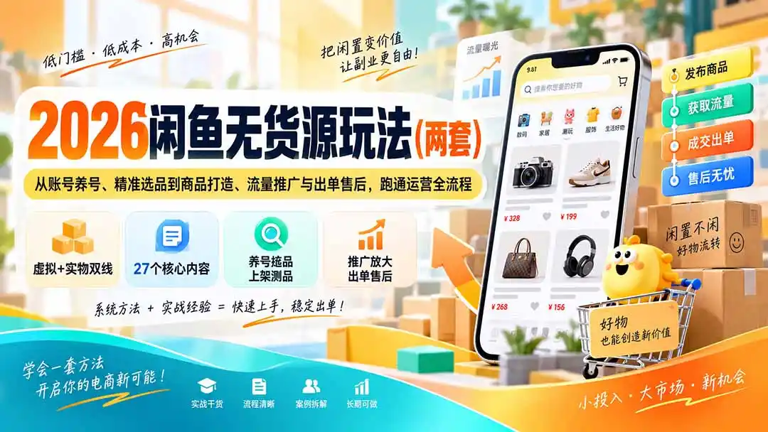 2026闲鱼无货源玩法(两套-亿起创业网-副业兼职月入过万-自媒体、引流推广、网赚项目、短视频、技术教程等创业项目资源
