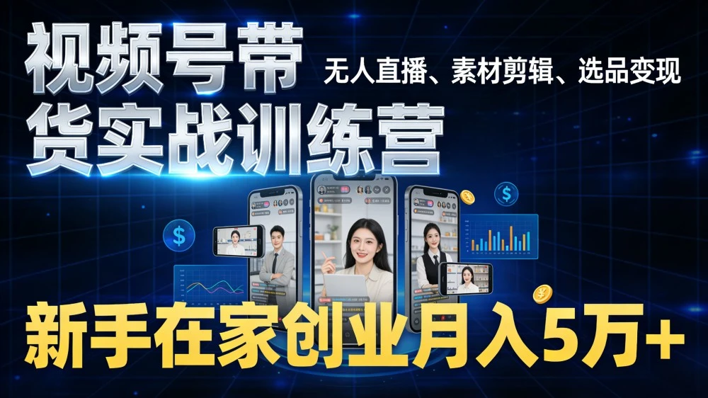 视频号带货实战训练营，无人直播、素材剪辑、选品变现，新手在家创业月入 5 万+-亿佰盟网