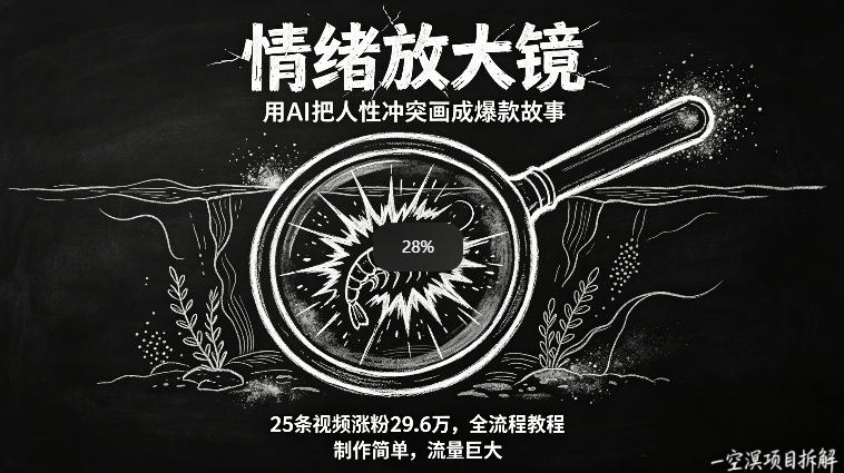 AI制作“情绪放大镜“视频，25条视频涨粉29.6W粉，流量巨大，制作简单，全流程教程-亿起创业网-副业兼职月入过万-自媒体、引流推广、网赚项目、短视频、技术教程等创业项目资源
