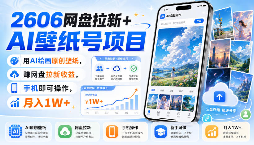 2606网盘拉新+AI壁纸号项目，用AI绘画原创壁纸，賺网盘拉新收益，手机即可操作，月入1W+-亿起创业网-副业兼职月入过万-自媒体、引流推广、网赚项目、短视频、技术教程等创业项目资源