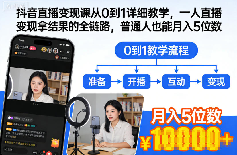 抖音直播变现课从0到1详细教学，一人直播变现拿结果的全链路，普通人也能月入5位数-亿佰盟网