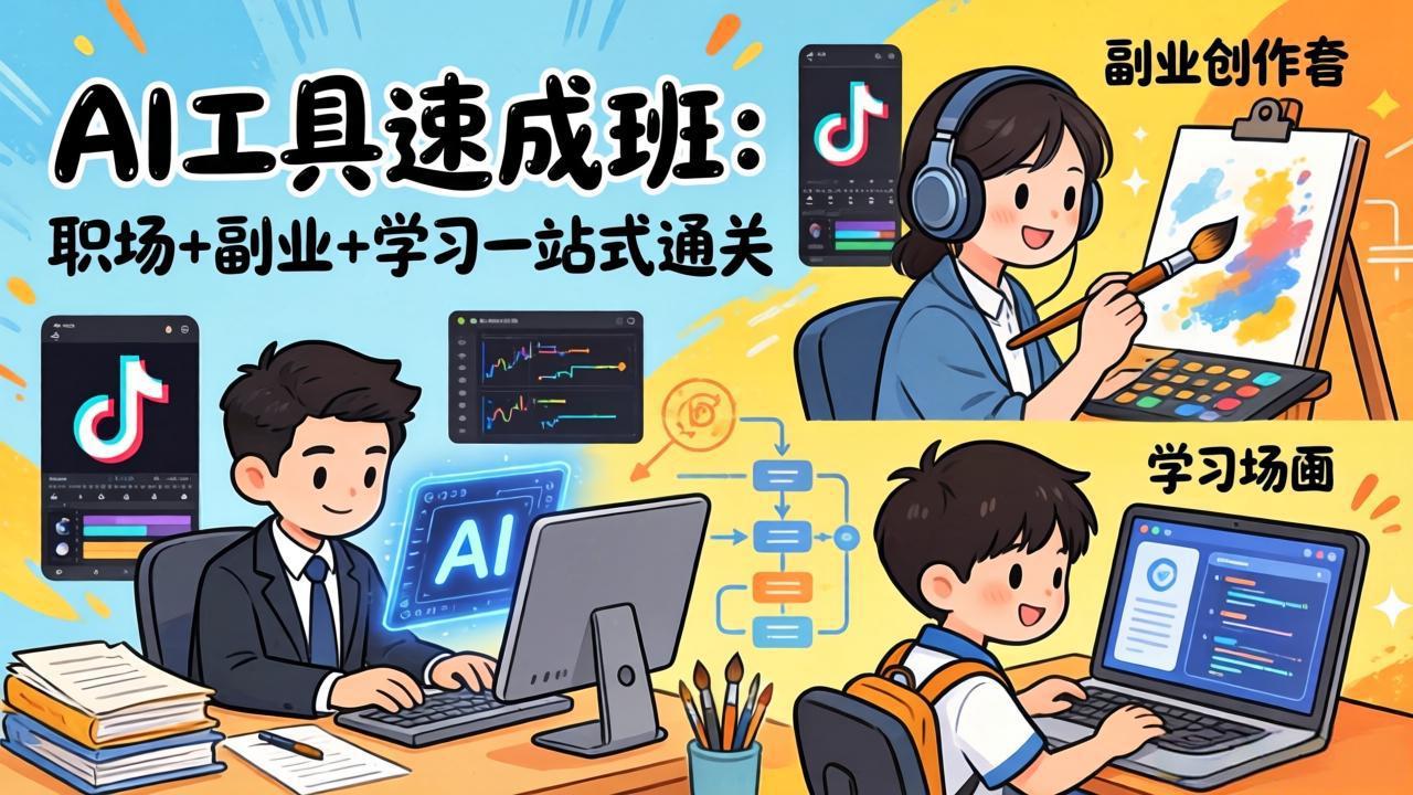 AI工具速成班：职场+副业+学习一站式通关，20+爆款类型+剪映技巧+抖音算法，0基础快速上手-亿佰盟网