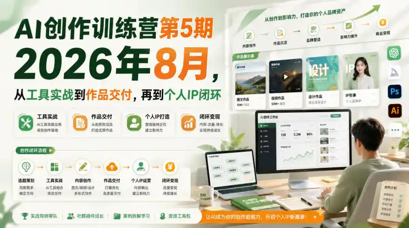 AI创作训练营第5期2026年8月，从工具实战到作品交付，再到个人IP闭环(更新0910)-亿起创业网-副业兼职月入过万-自媒体、引流推广、网赚项目、短视频、技术教程等创业项目资源