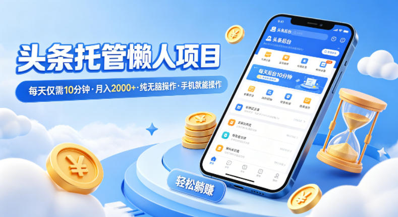 头条托管懒人项目，每天仅需10分钟，月入2000+，纯无脑操作，手机就能操作【揭秘】-亿起创业网-副业兼职月入过万-自媒体、引流推广、网赚项目、短视频、技术教程等创业项目资源