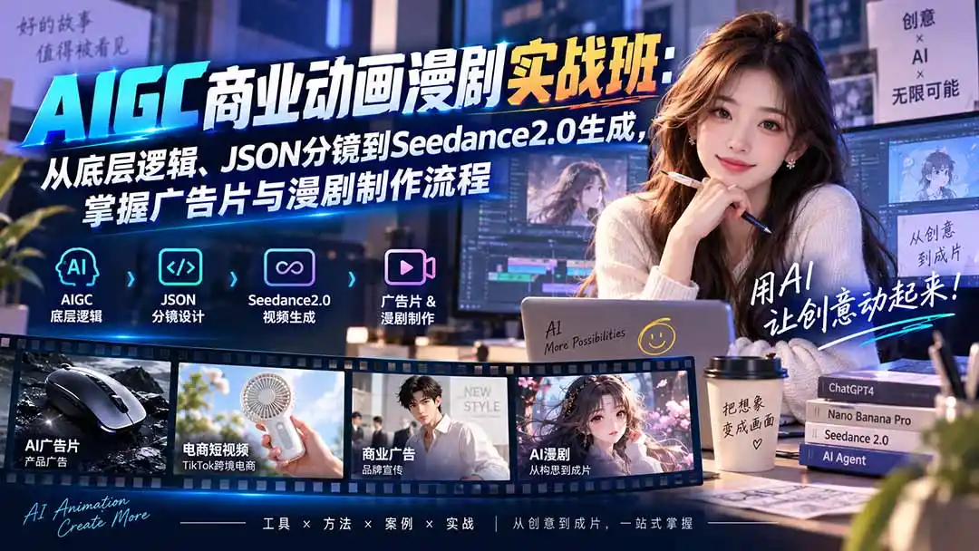 AIGC商业动画漫剧实战班-更新：从底层逻辑、JSON分镜到Seedance2.0生成，掌握广告片与漫剧制作流程-亿起创业网-副业兼职月入过万-自媒体、引流推广、网赚项目、短视频、技术教程等创业项目资源