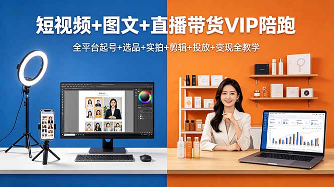 短视频+图文+直播带货VIP陪跑，全平台起号+选品+实拍+剪辑+投放+变现全教学-亿起创业网-副业兼职月入过万-自媒体、引流推广、网赚项目、短视频、技术教程等创业项目资源