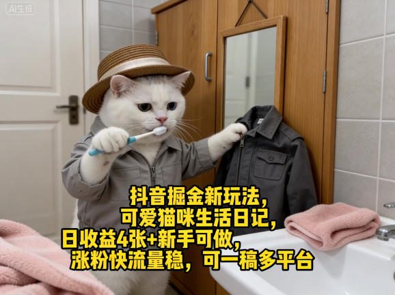 抖音掘金新玩法，可爱猫咪生活日记，日收益4张+新手可做，涨粉快流量稳，可一稿多平台-亿起创业网-副业兼职月入过万